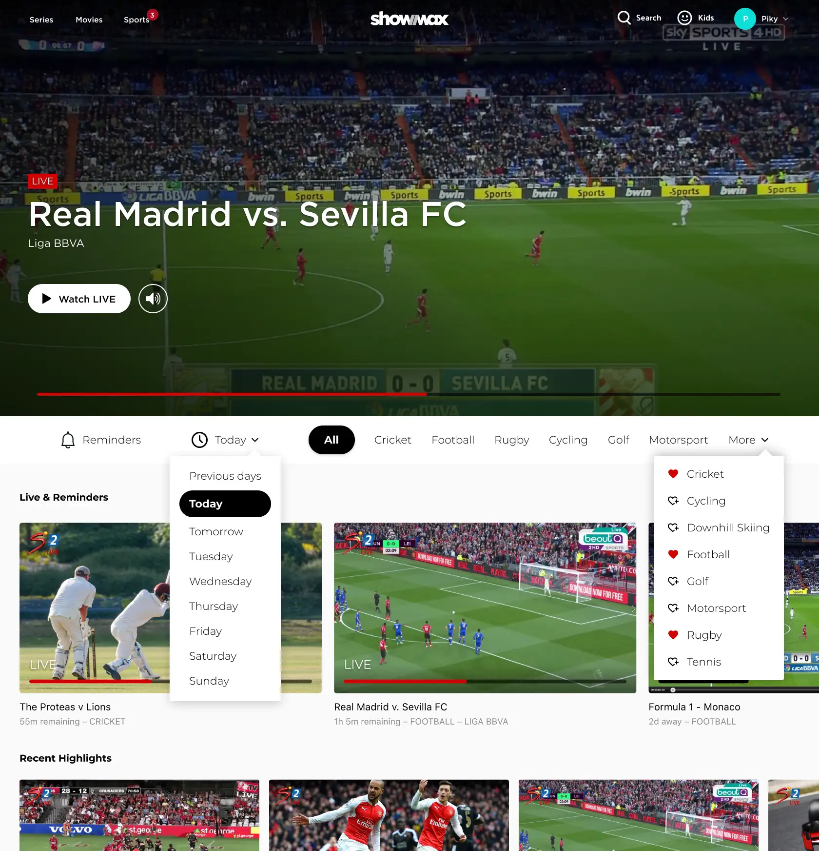 The MVP web experience was shaped around how sports fans actually browse and plan. A featured live stream auto-played in the hero to grab attention. Users could filter by day, sport, or favorites, and set reminders for upcoming events. Below that, content was organized intuitively: live and reminder-ready events first, followed by upcoming events segmented into morning, afternoon, and evening. At the bottom, evergreen sports content promoted the broader catalog—encouraging exploration beyond the live schedule.