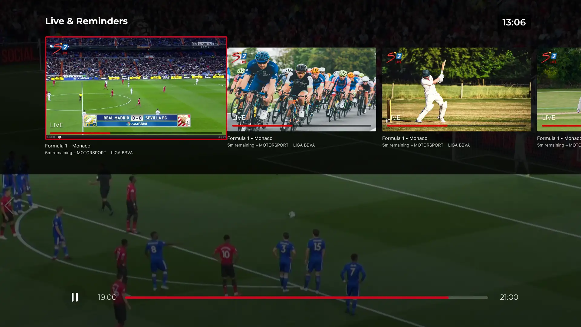 A pull-down event browser in Smart TV playback let viewers quickly switch between simultaneous games. An on-screen clock provided a constant time reference to support faster, more informed decisions. We echoed this in the web platform as well.