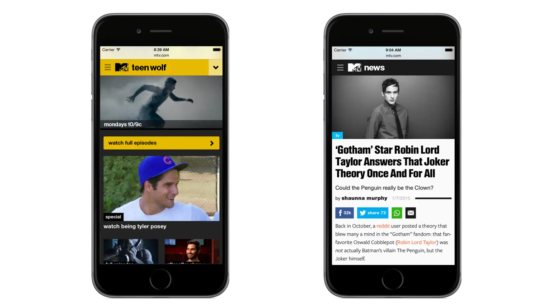 Mobile views of a show and article page within MTV’s responsive site, built using the Core UI Design System.