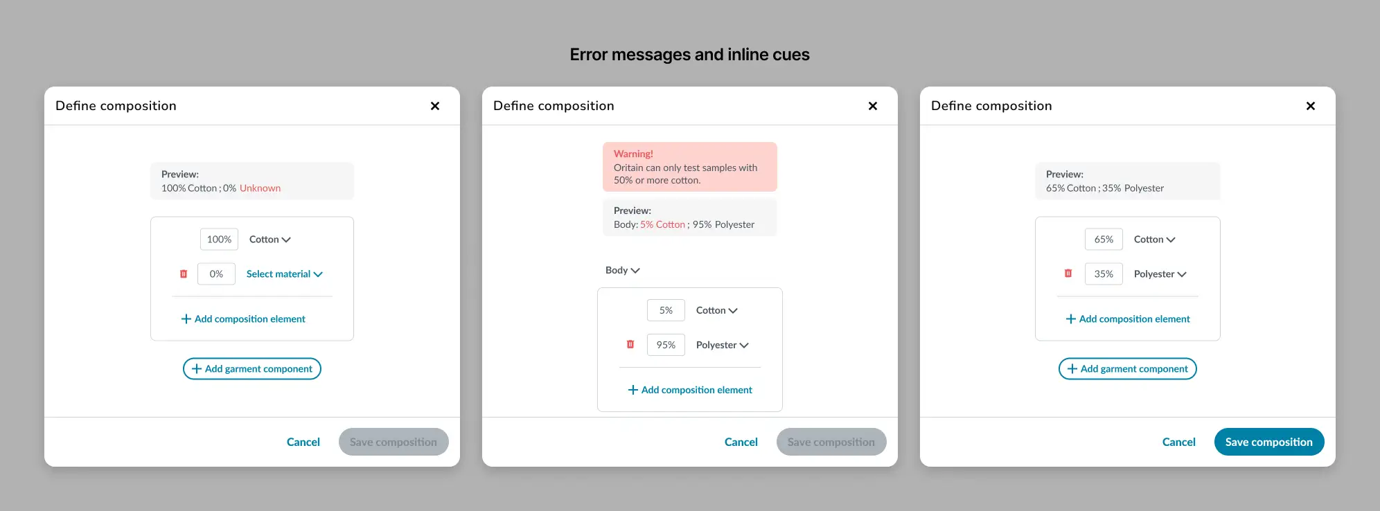 Error states were surfaced through clear messages and interface cues to prevent wasted tests — critical for supplier trust.